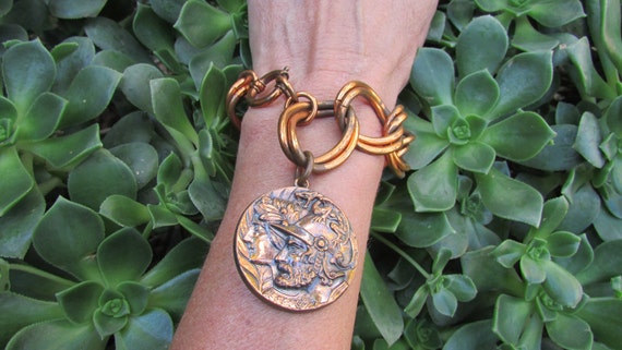 Vintage Copper Large Charm Bracelet with Large He… - image 4