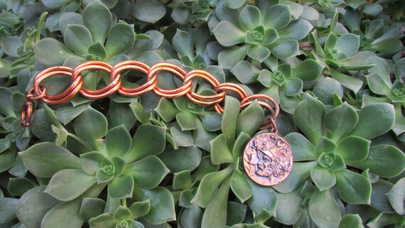 Vintage Copper Large Charm Bracelet with Large He… - image 1