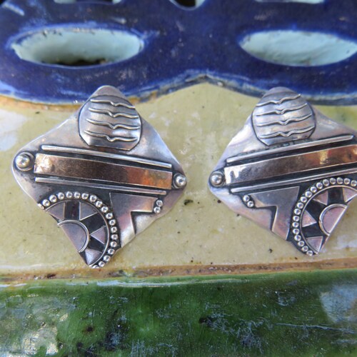 Vintage Sterling and copper Art deco style diamond shaped earrings shops Handmade designer Avant garde 925 earrings asymmetrical designer