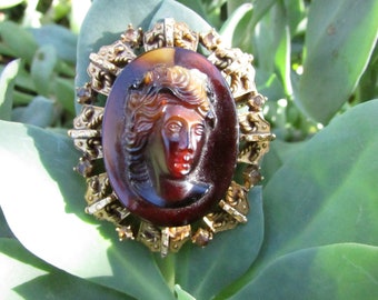 Vintage Cameo Brooch MCM Pin necklace pendant Laurentain Manufacturing  Victorian Costume Jewelry 1950-1960
