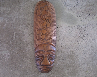 Vintage wood Tiki Mask Home decor Carved Man with flowers in his hair Hawaii? Polynesia? Beach Boho Hippie Wall Decor