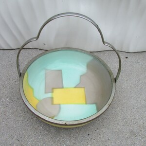 Ceramic Art Deco Bowl with Metal Movable handle Geometric Pattern Germany Geometric Pattern
