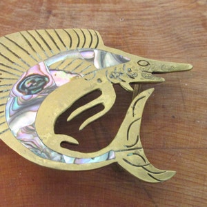 Marlin Sailfish Brass and Abalone Shell Belt Buckle Hecho en Mexico