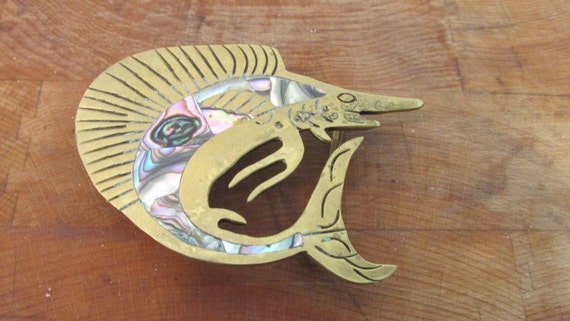 Marlin Sailfish Brass and Abalone Shell Belt Buck… - image 1