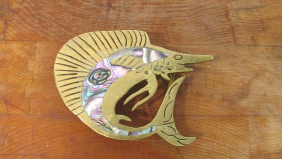 Marlin Sailfish Brass and Abalone Shell Belt Buck… - image 2