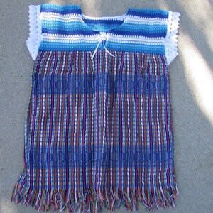 Mexican Blouse made in Oaxaca Mexico Blue Multi Color fringe boho Hippie