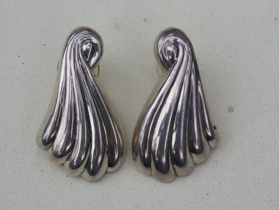 Vintage Mexican Sterling silver puffy fan earring… - image 7
