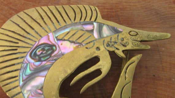 Marlin Sailfish Brass and Abalone Shell Belt Buck… - image 3