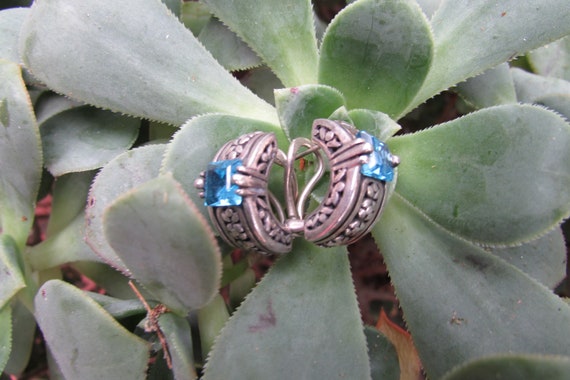 Sterling Silver Filigree Blue Topaz Half hoop ear… - image 7