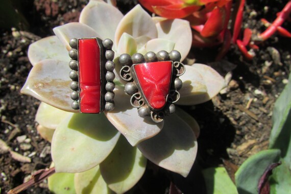 Vintage sterling silver and coral warrior face ea… - image 5