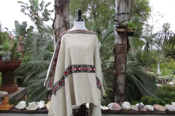 Vintage Wool Poncho Ethnic Tribal Hippie Cape One… - image 1