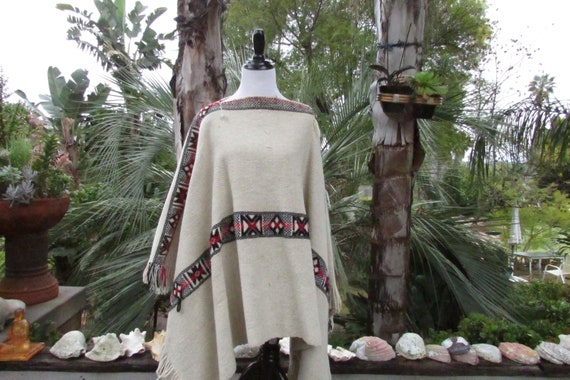 Vintage Wool Poncho Ethnic Tribal Hippie Cape One Size Fits Most 