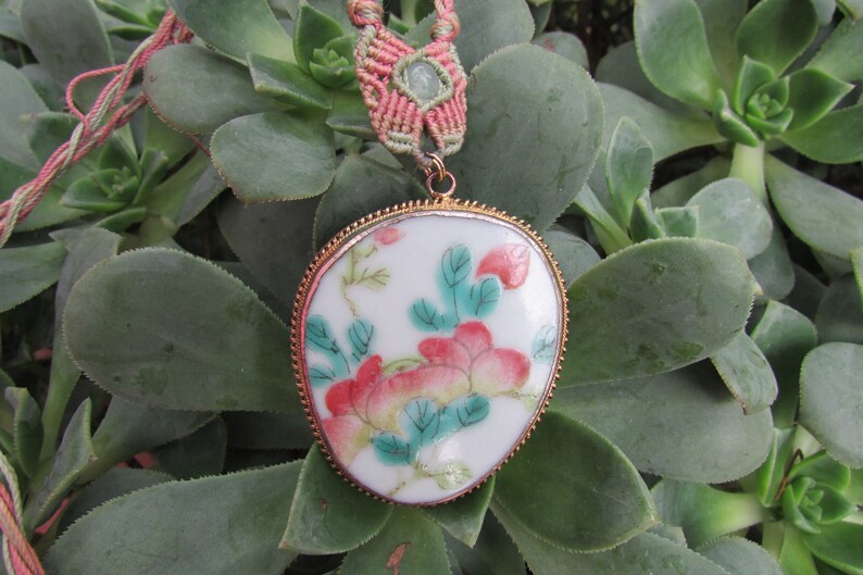 Vintage Asian Tile Necklace pendant on braided cord Asian Jewelry