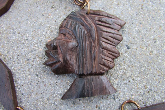 Vintage carved Wooden necklace Man Warrior Long d… - image 9