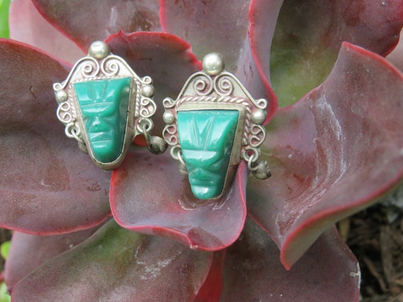 Vintage Mexican Sterling Silver green onyx warrio… - image 3