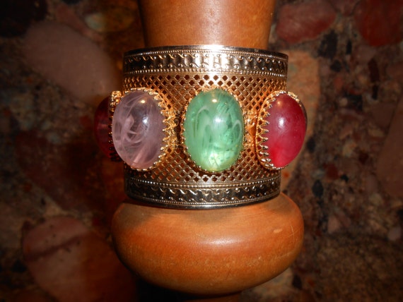 Vintage Beaded Gold Tone Cuff Bracelet - image 2