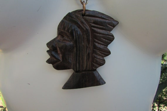 Vintage carved Wooden necklace Man Warrior Long d… - image 2