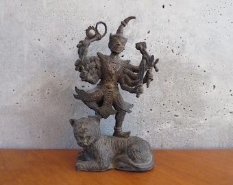 Bronze Angkor Lord Hanuman Statue. Finley detailed Lord Hanuman on Tiger Strength perseverance and devotion Hindu God