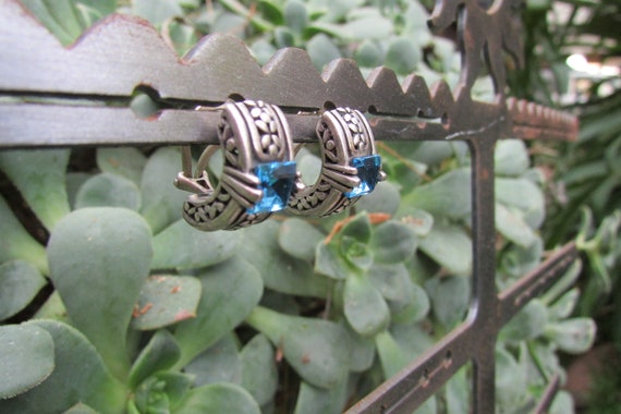 Sterling Silver Filigree Blue Topaz Half hoop ear… - image 4