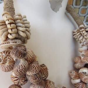 K&ouml;nnte beinhalten: Eine braune und wei&szlig;e Muschelkette mit verschiedenen Muscheln in unterschiedlichen Gr&ouml;&szlig;en. Die Kette ist aus nat&uuml;rlichen Materialien gefertigt und hat einen rustikalen Look.