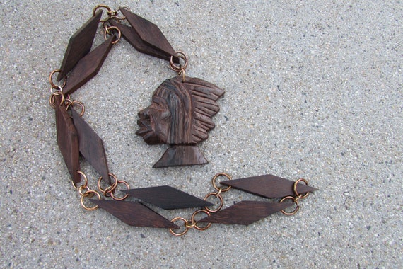 Vintage carved Wooden necklace Man Warrior Long d… - image 8