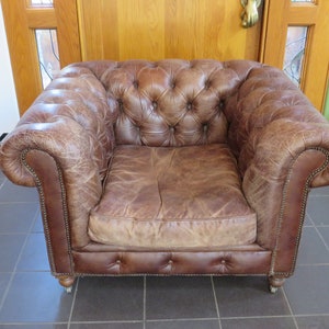 Vintage Leather Tufted Chesterfield sofa nail head trim Restoration Hardware Rolled arm club chair Local pick up only arm chair