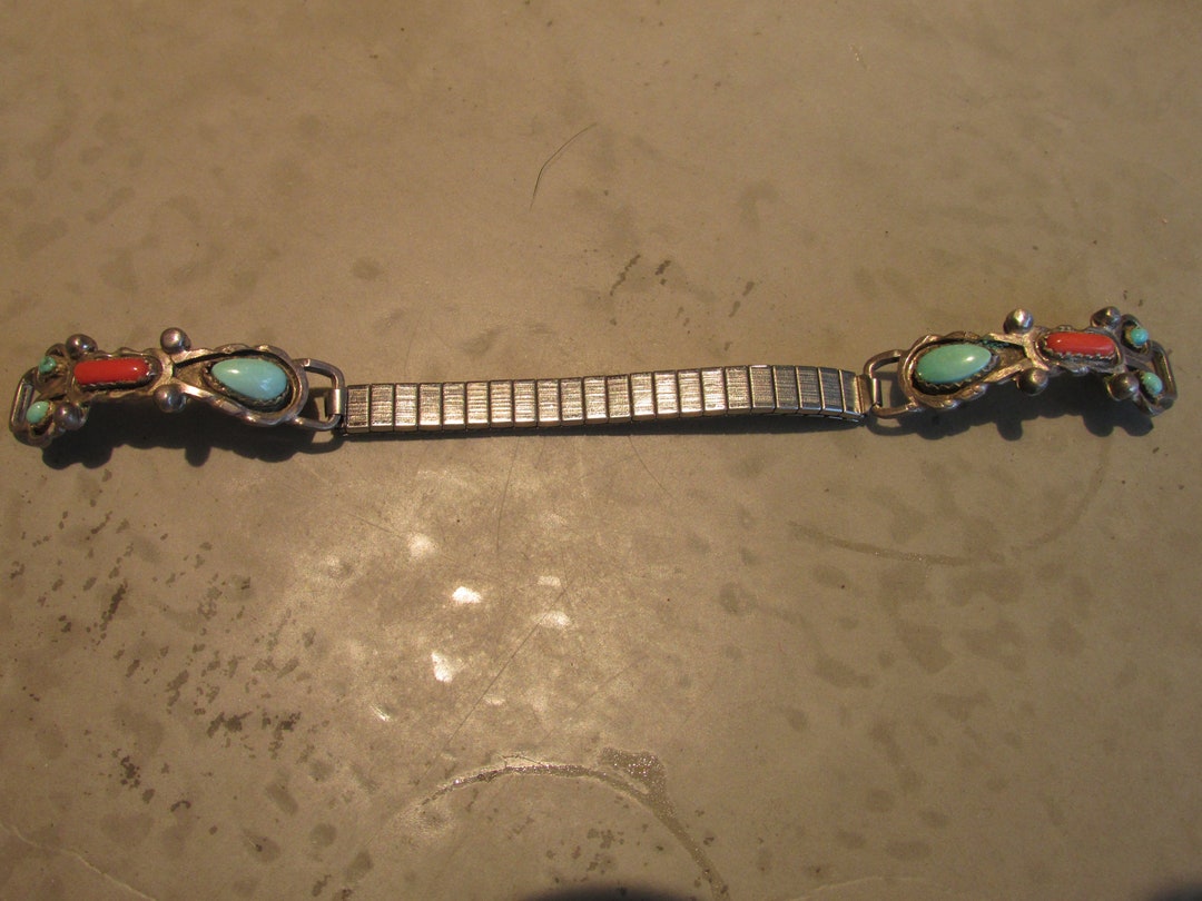 Vintage Sterling Silver Indian Watch Band With Coral & Turquoise Signed