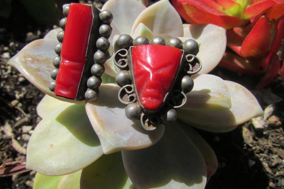 Vintage sterling silver and coral warrior face ea… - image 6