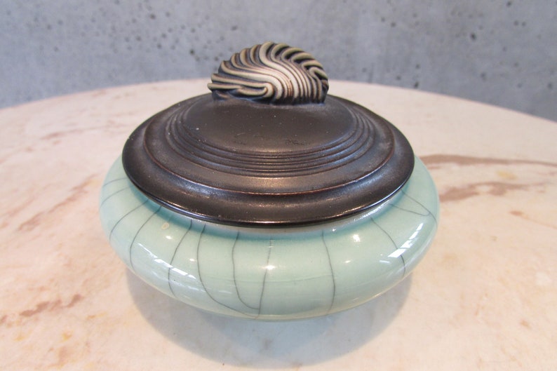 Andrew MacCorkingdale Modern Asian Raku Pottery Vessel with Lid Green Crackle Glaze Matte Black Lid signed 96 Studio Pottery Home decor