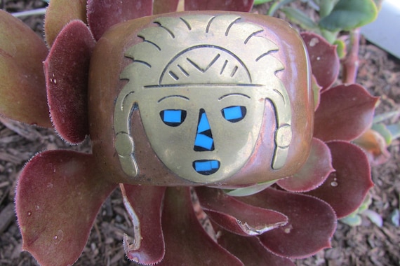 Vintage Mexican Mixed Metal Copper Brass Turquois… - image 1