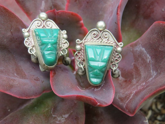 Vintage Mexican Sterling Silver green onyx warrio… - image 2