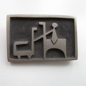 Vintage R Landerholm Brooch Pin Modernist design person on horse Marked 3 crowns Tenn Pewter Mid Century