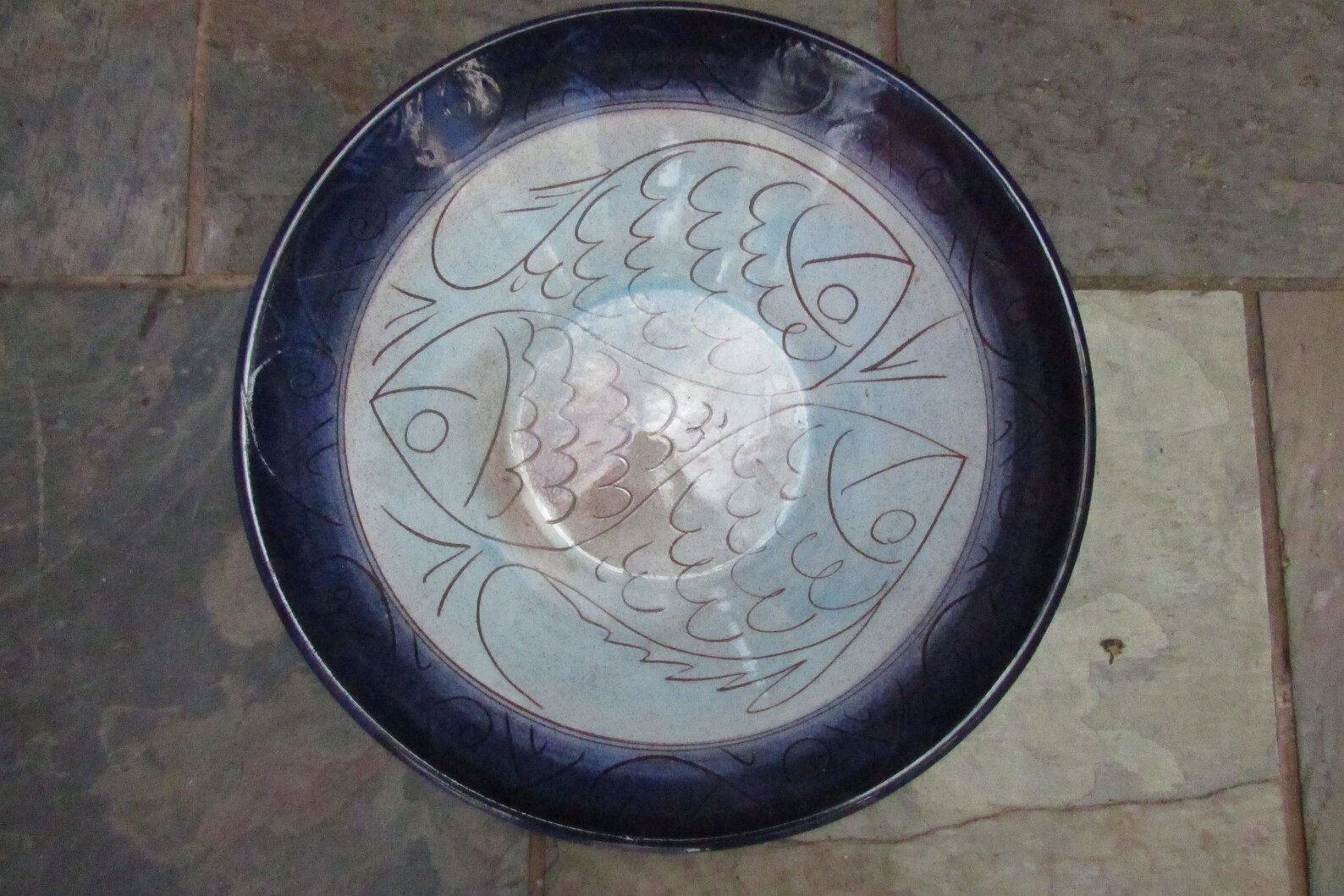 Studio Pottery Ceramic Fish Bowl 3 Fish Blue Glaze Fruit Bowl Etsy