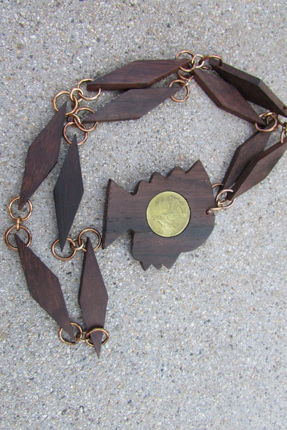 Vintage carved Wooden necklace Man Warrior Long d… - image 10
