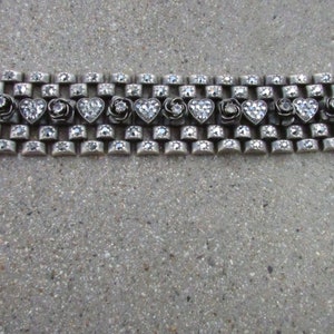 Vintage Metal Bracelet Rhinestones Hearts Flowers Steampunk Rocker Link Bracelet