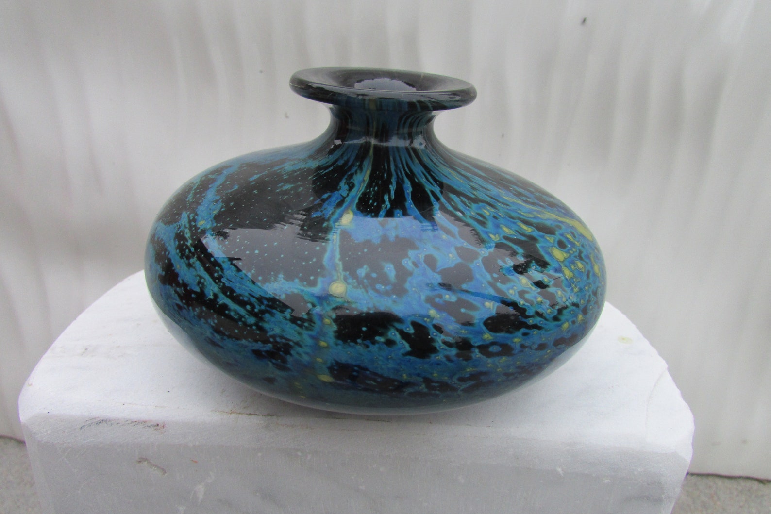 Phoenician Glass Malta Vase Blue Black Mustard Swirl Color Modern Glass