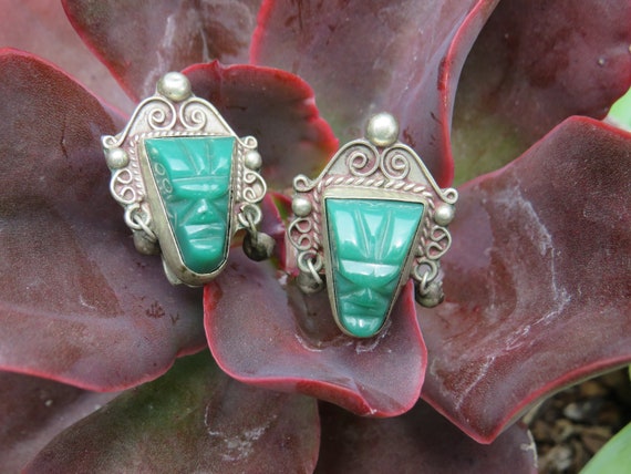 Vintage Mexican Sterling Silver green onyx warrio… - image 1