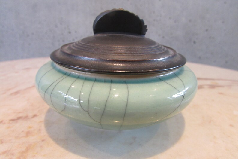 Andrew MacCorkingdale Modern Asian Raku Pottery Vessel with Lid Green Crackle Glaze Matte Black Lid signed 96 Studio Pottery Home decor