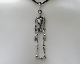 Articulated Sterling Silver Skeleton Pendant Day of the dead Jewelry 5" long 35.6 grams bail has skull head 2 skulls