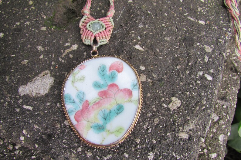 Vintage Asian Tile Necklace pendant on braided cord Asian Jewelry