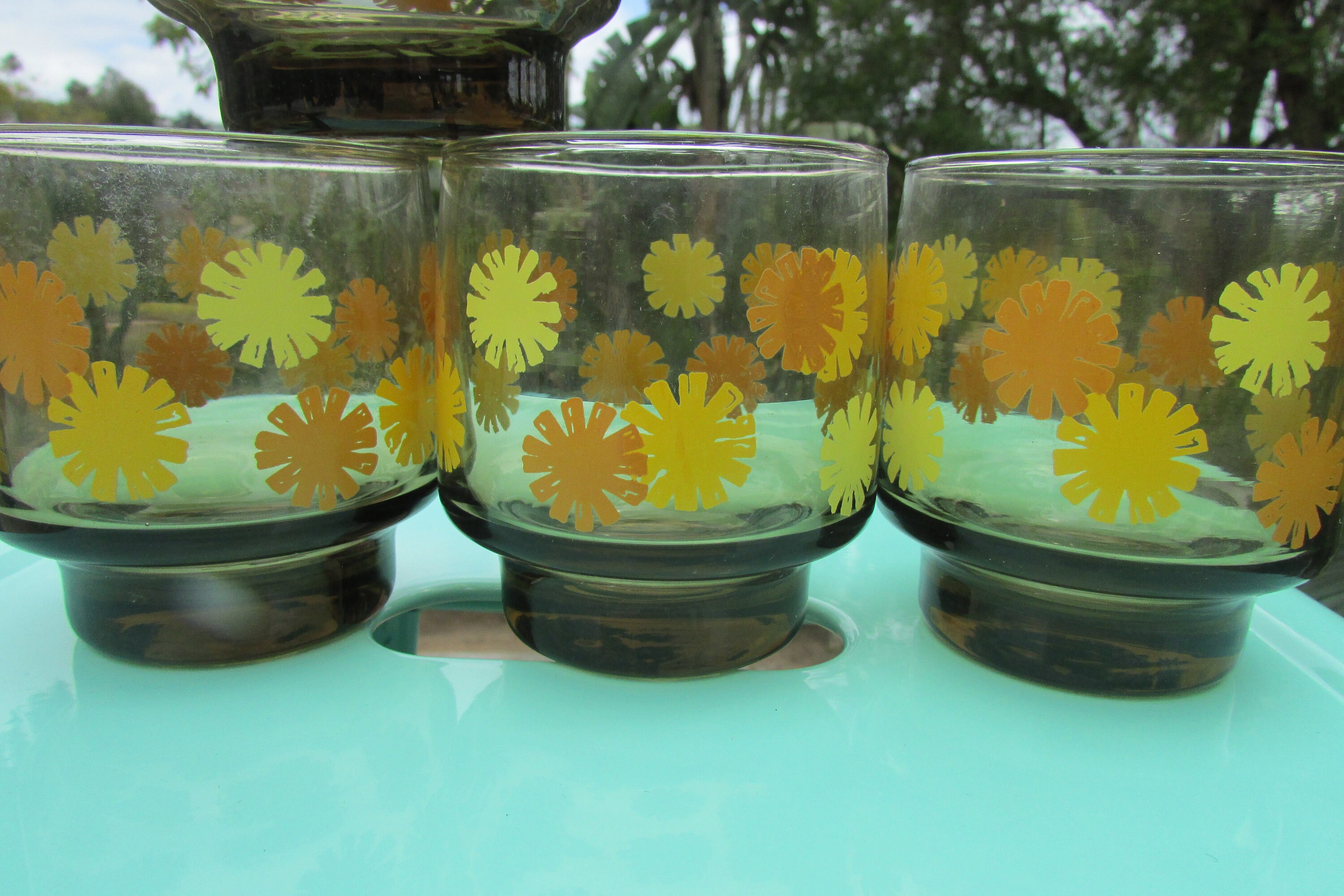 Vintage Retro Juice Glass Flower Decals Stackable Tumbler Etsy