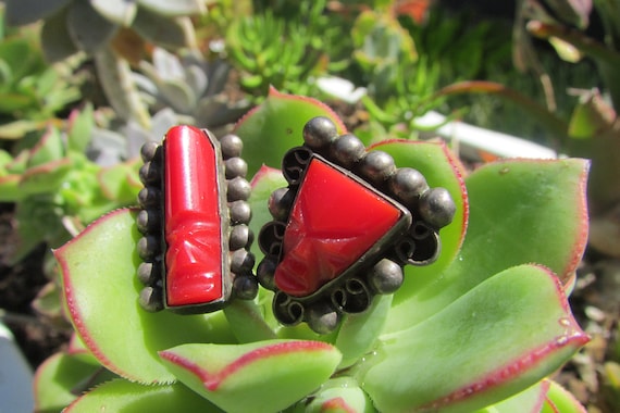 Vintage sterling silver and coral warrior face ea… - image 3