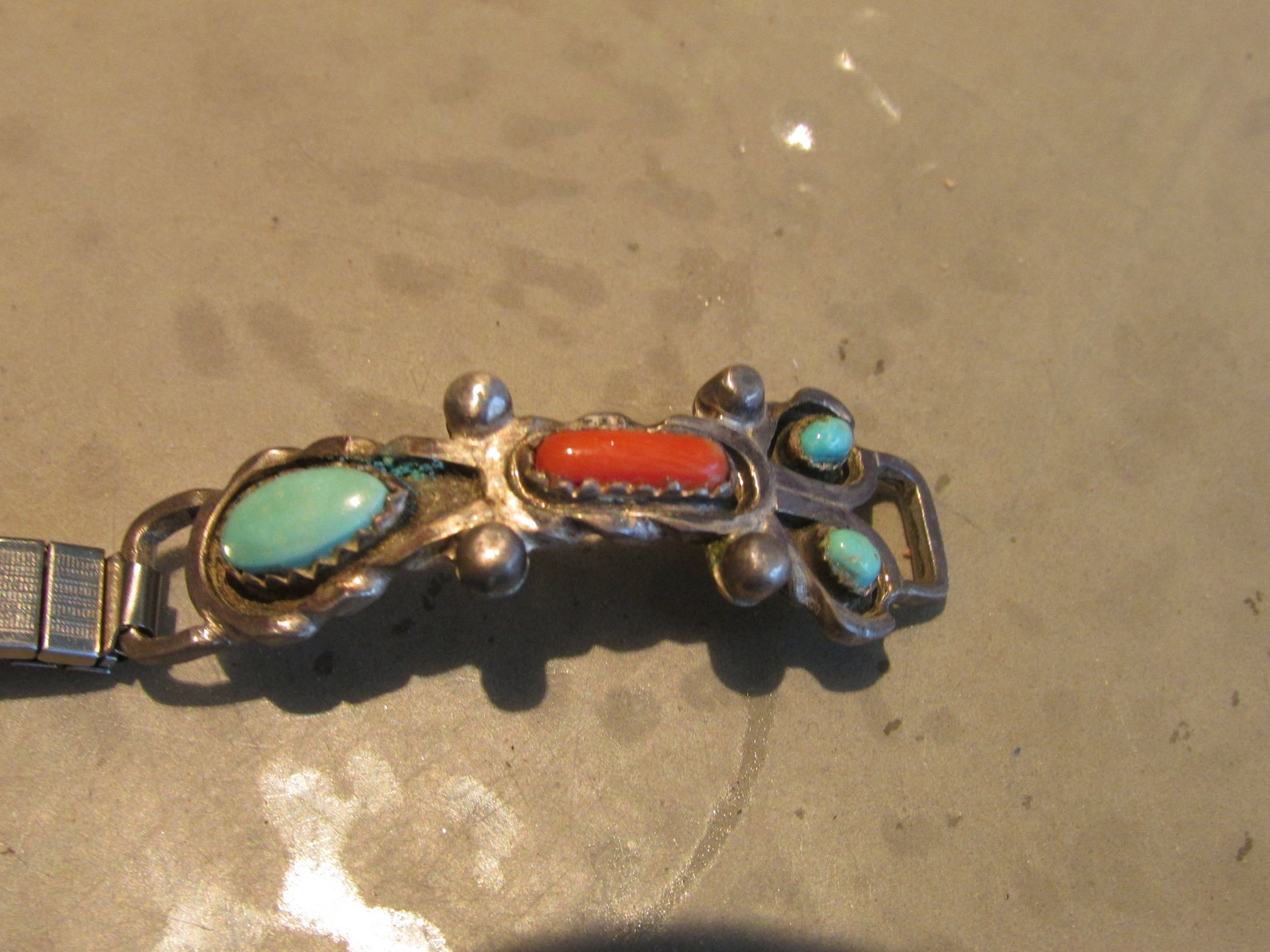 Vintage Sterling Silver Indian Watch Band With Coral & Turquoise Signed