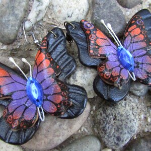 Dangle drop Butterfly Earrings Leather Hand Made
