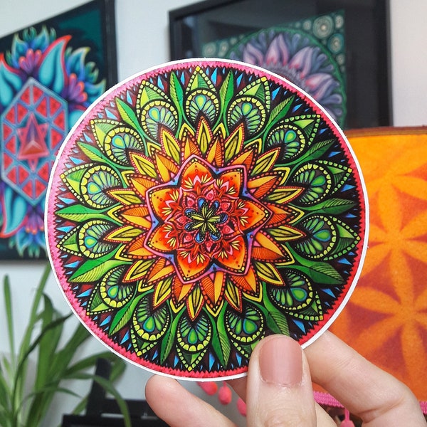 Mandala sticker, psychedelic mandala sticker, Laptop decal, Laptop decal, trippy hippie sticker, 70's sticker, approx. 4'x4'