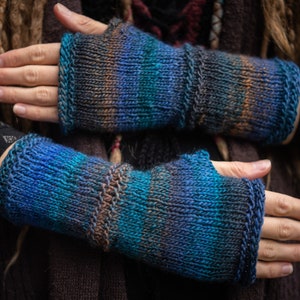 WRIST WARMERS - Hand knitted merino wool-blend ombre wristwarmers/armwarmers, blue, purple, turquoise, brown.