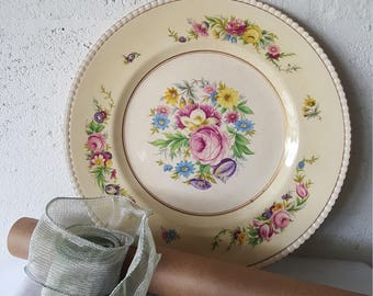 gold trim porcelain floral large display plate soho pottery hampton court ambassador ware england flowers  china dish antique secret garden