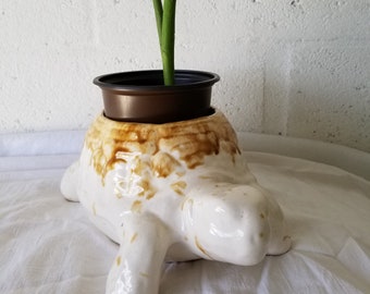 turtle planter Frank Moreno ceramic, studio pottery drip glaze, cream tan home interior plant nature lover potter zen decor house warming