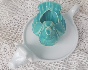 cow spoon rest white, tiffany blue bird, porcelain studio ceramic pottery, mix match boho home decor, vintage thrift sustainable planet