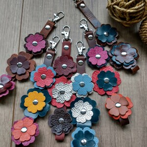 Old Rose Pink Flower Keychain Genuine Leather Handbag Purse Charm Spring  Ring